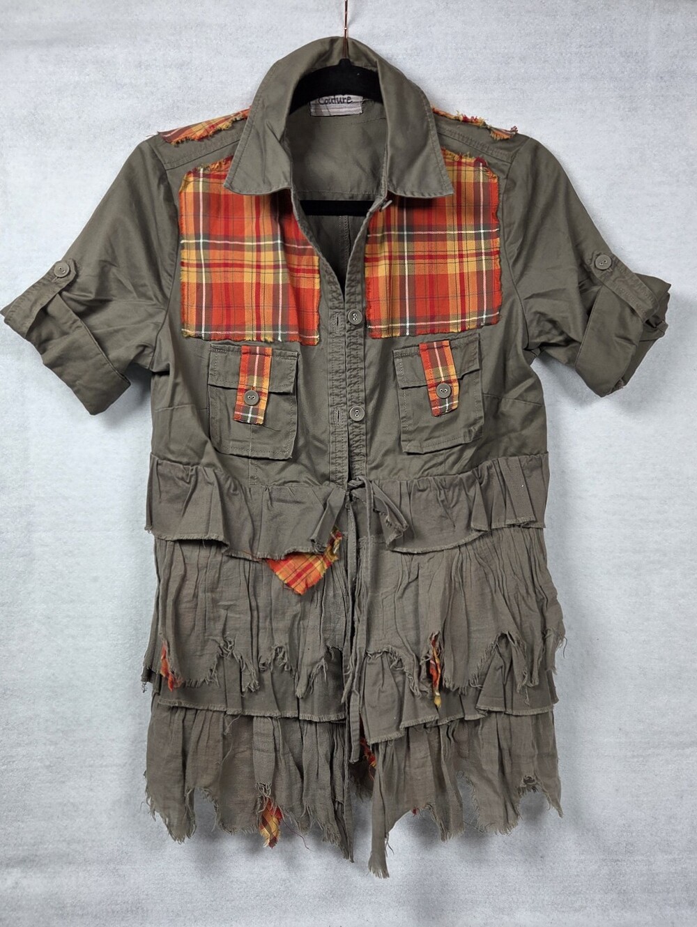 Garage Couture Upcycled Olive Green Plaid Ruffle Shirt Jacket Boho Shabby Chic S